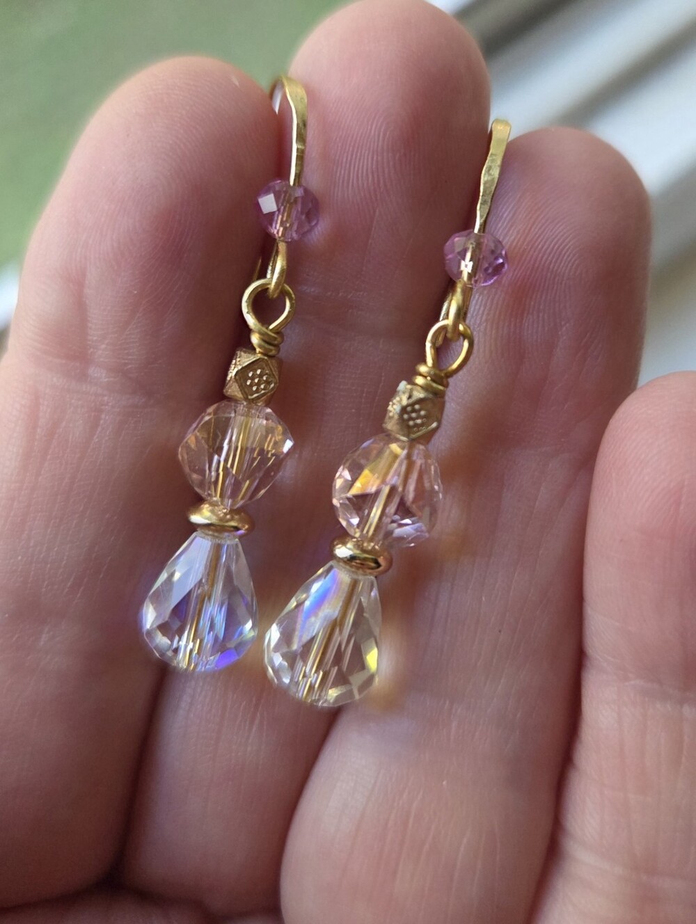 Pink And Irridescent Flashy Dangle Earrings, Brass .